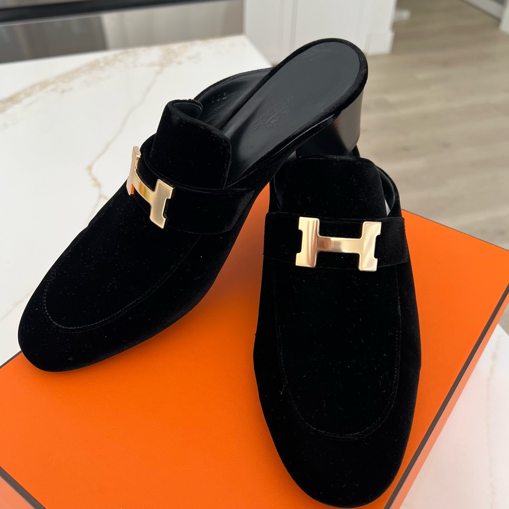 Hermes Velvet Gold Logo Mules Size38(8) Excellent Condition!! Like New Women